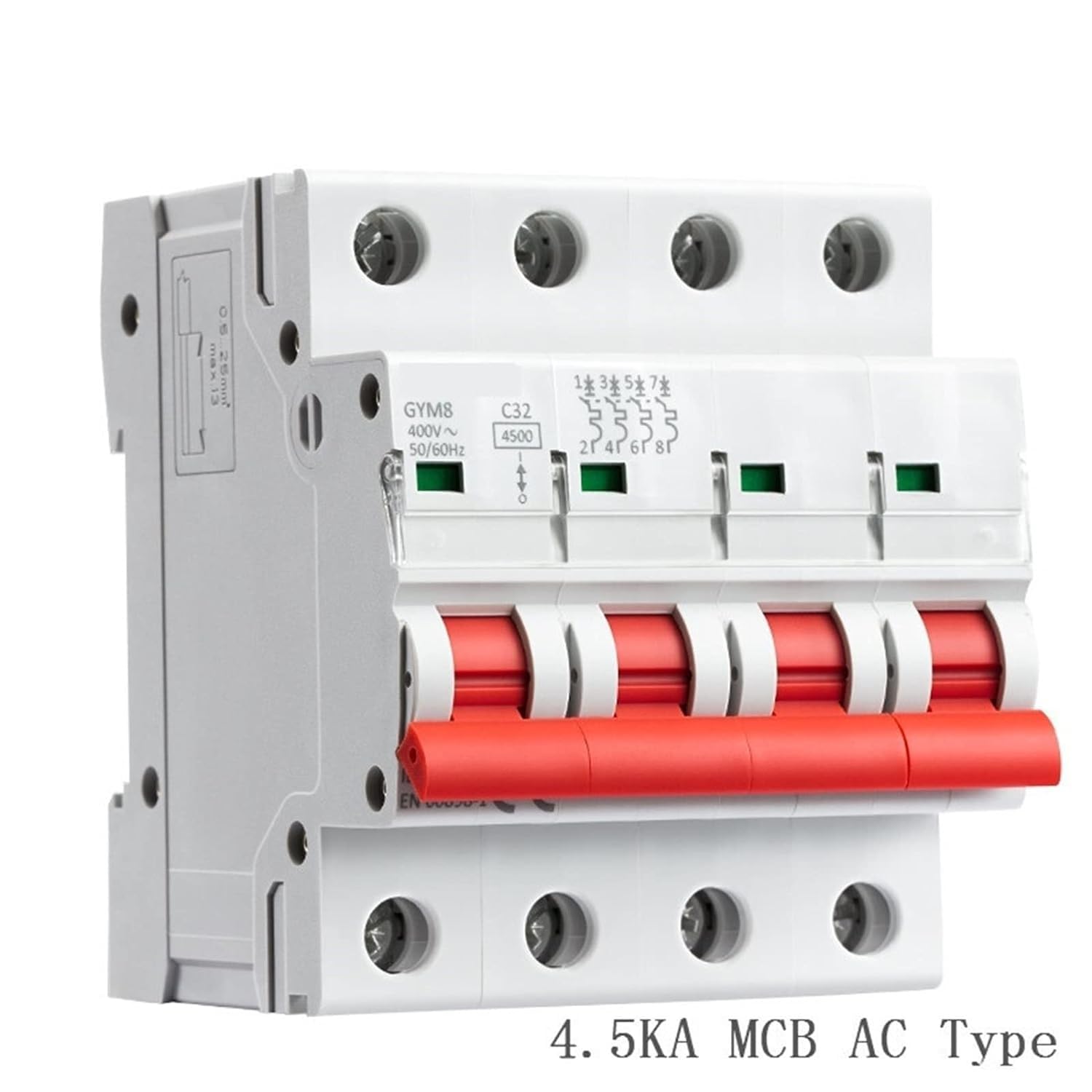 サーキットブレーカーGYM8 4極Dinレールスイッチサーキットブレーカー6A-63A DinレールMCB 400V、オンオフインジ