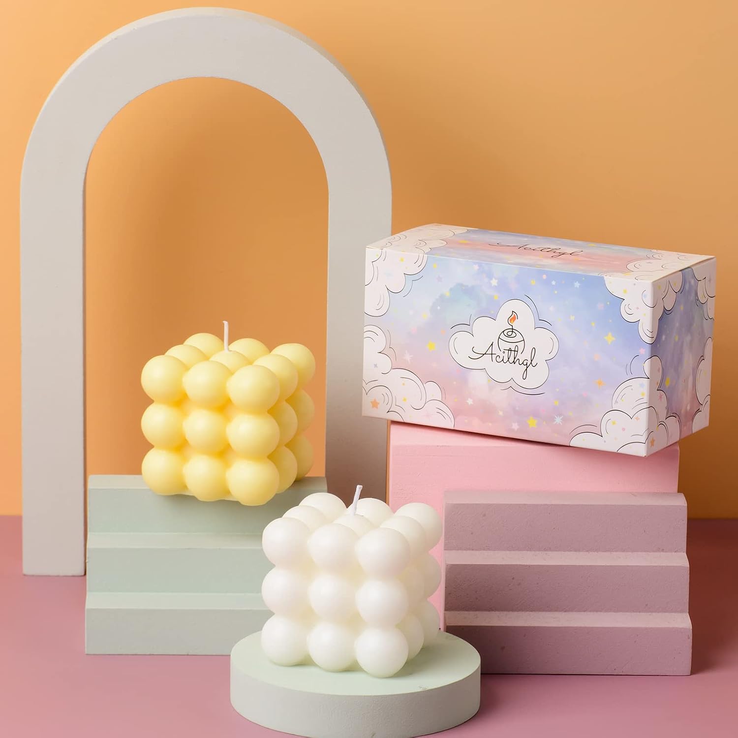 ACITHGL Bubble Candle - Cube Soy Wax Candles, Home Decor Candle, Scented Candle Set 2 Pieces, Home Use and Gifting (White+Yellow)