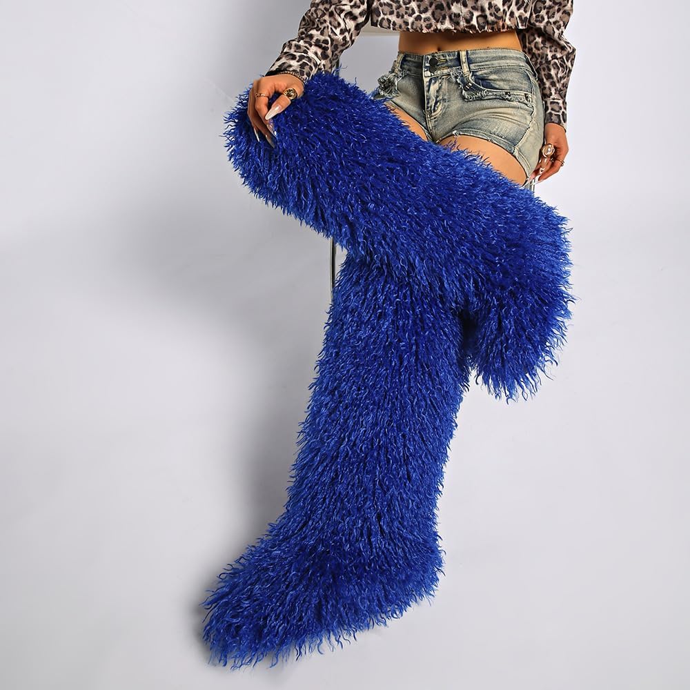 Women's Winter Fluffy Faux Fur Thigh High Snow Boots Tall Fuzzy Furry Mongolian Over the Knee Long Boots