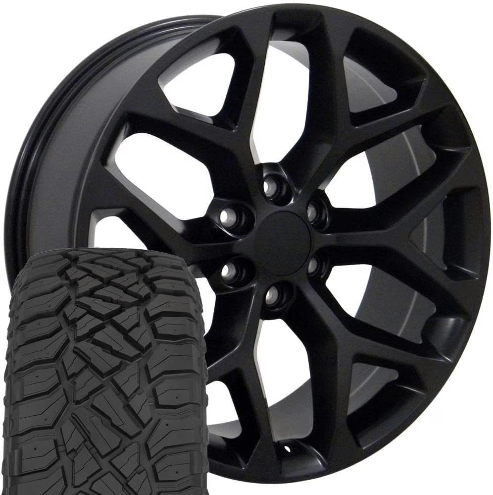 OE Wheels CV98B 22 Inch Rims and Tires Fit Silverado 1500 Snowflake Style 6x139.7 22x9 Satin Black - Hollander 5668 - TerraMax RT 285/45-22 (Set of 4)