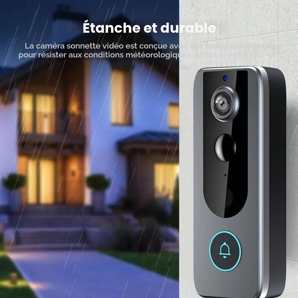 Sonnette vidéo intelligente sans fil pour sonnette Wi-Fi Tuya - Vidéo HD 720p - Audio bidirectionnel - Détection de mouvement - Rechargeable par USB-C