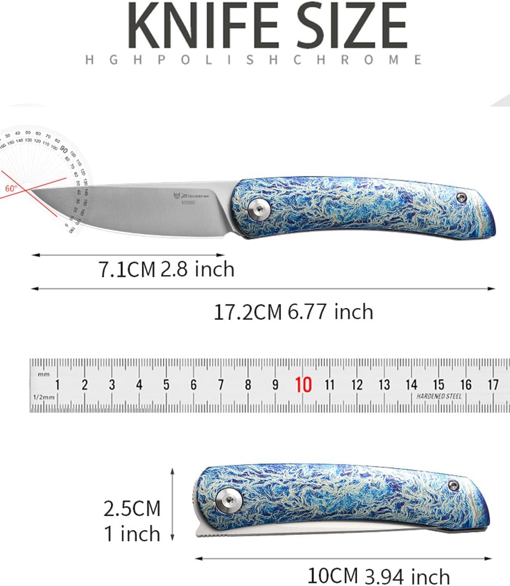 PioneerEDC MT394 Folding Pocket EDC Knife, 2.8 Inch M390 Drop Point Blade, TC4 Titanium Handle, Non-Locking Flipper, 6.77 Inch Overall (Blue Anodized Titanium)
