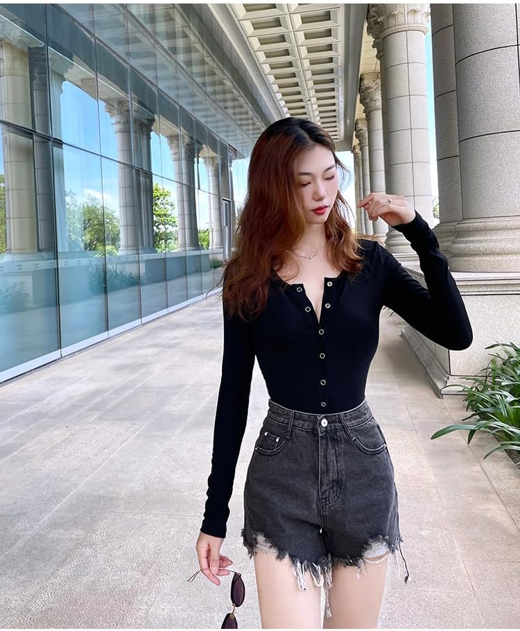 Women Henley Ribbed Long Sleeve Bodysuits Fitness Yoga Shirt Button Down Casual Tops - Image 7