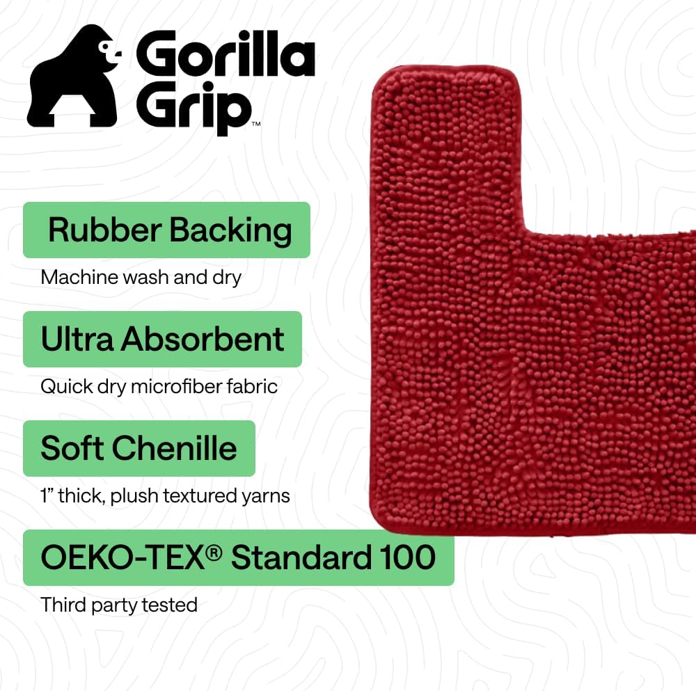 GORILLA GRIP Bathroom Rug Sets, Soft Chenille 2 Piece Area Rugs Set, Toilet Base Mat and 30x20 Carpet, Absorbent Microfiber Washable Mats Dry Quickly, Home Décor and Bath Room Accessories, Red