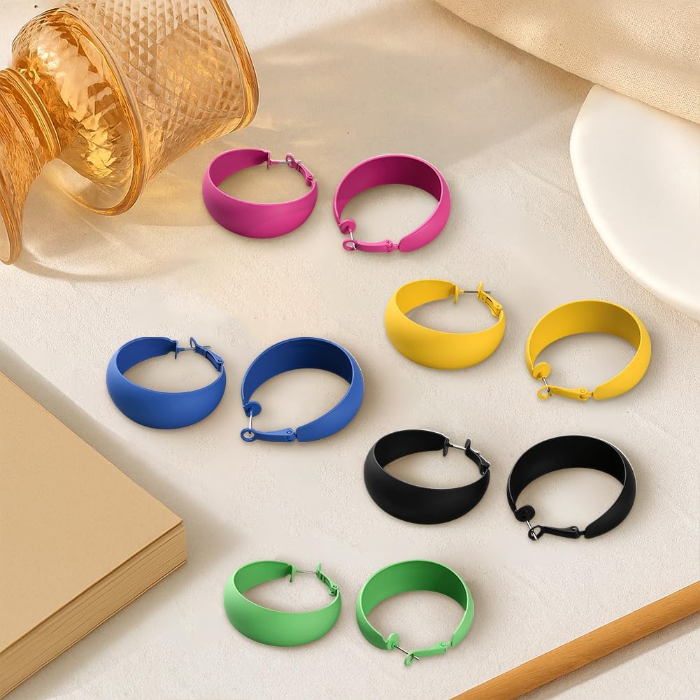 5 Pairs 1.77Inch Retro Neon Circle Hoop Earrings Colorful Dangle Matte Hoop Earrings Minimalist Round Circle Earring Chunky Party Accessories Earring for Women Birthday Party Gift - Image 4