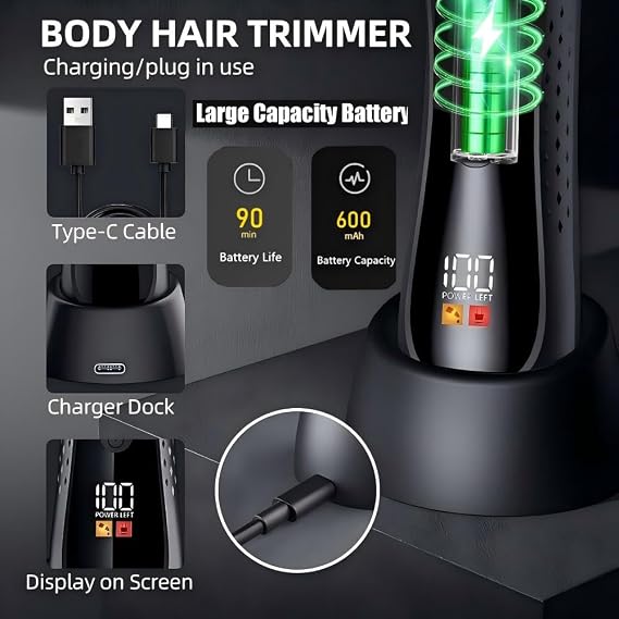 Body Trimmer Men - Waterproof Pubic Hair Trimmer for Men with Ceramic Blade Heads, Ball Shaver for Private Parts, LED Light & Display, Body Shavers Groomer