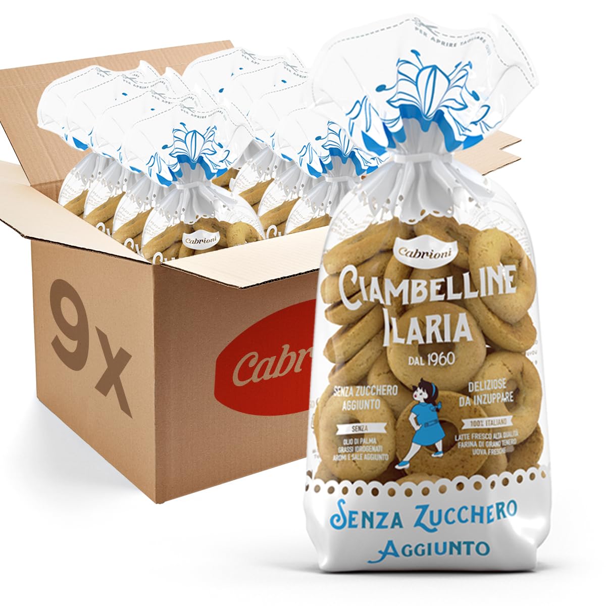 Cabrioni Ciambelline Ilaria Senza Zucchero Aggiunto - Biscotti Senza Zucchero, Perfetti da Inzuppare, Ideali per Colazione Dolce e Merenda, Antica Ricetta con Ingredienti Naturali - Pack da 9 x 650g