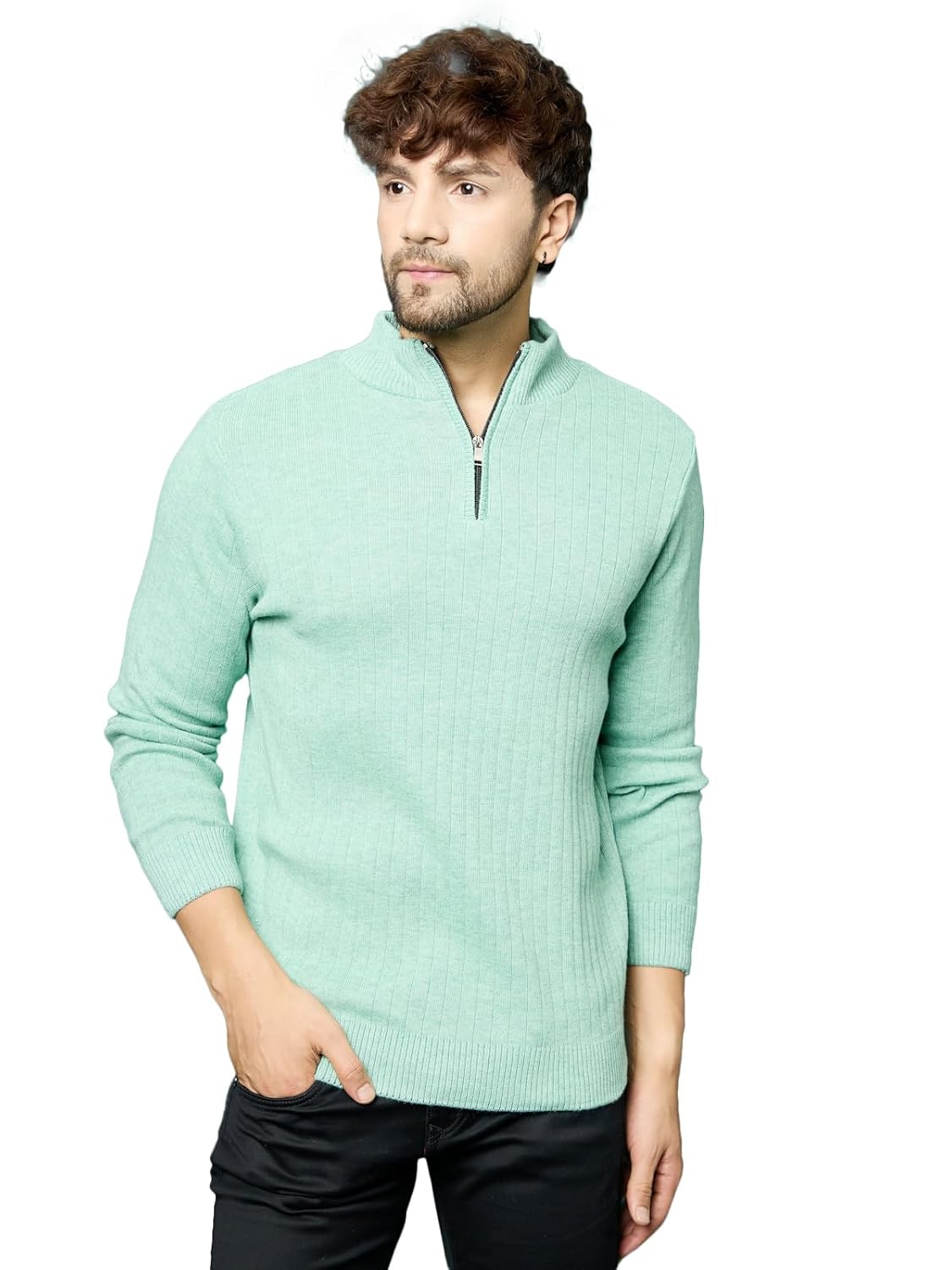 Kvetoo Men High Neck Zipper Full Sleeve Woolen Winter Sweater