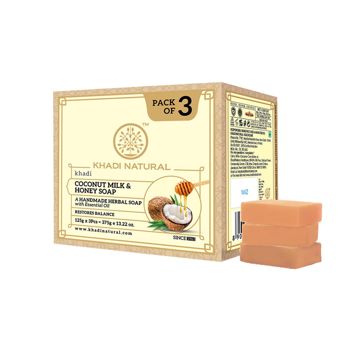 Khadi Natural Coconut Milk & Honey Soap | Deeply Moisturizing Bathing Bar with Essential Oils | Free From Harsh Chemicals | For All Skin Types | Pack of 3 (125g x 3, 375g)