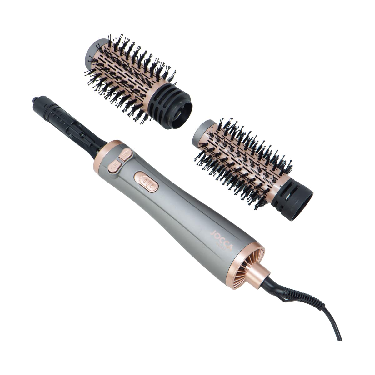 JOCCA – 3-in-1-Haartrocknerbürste | Trockner, Lockenwickler und Volumengeber | 3 Temperaturen, 2 Geschwindigkeiten, rotierender Kopf | 2 austauschbare Bürsten | 1000–1200 W