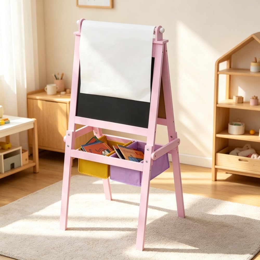 3-in-1 Kids Wooden Art Easel with Storage Baskets