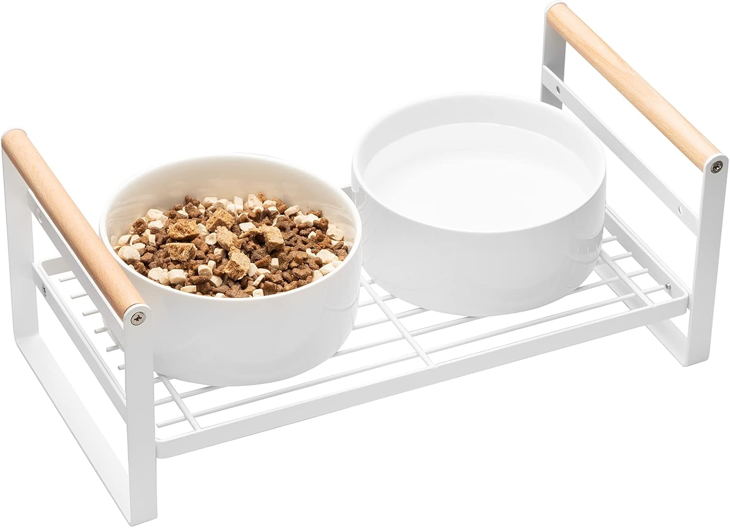 Elevated Cat Bowls Stand, Adjustable Raised Pet Bowl Stand Feeder, Upgraded Laser Precision Positioning Drilling, Anti-Slip Metal Wire Stand with 2 Ceramic Bowls for Cats and Dogs, 20 oz Each