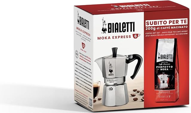 Bialetti 0003545 Ekspres do kawy Moka Express 6 filiżanek, plus zestaw 250 g doskonałej moka Classic Bialetti, nie nadaje się do indukcji, 6 filiżanek (250 ml), aluminium