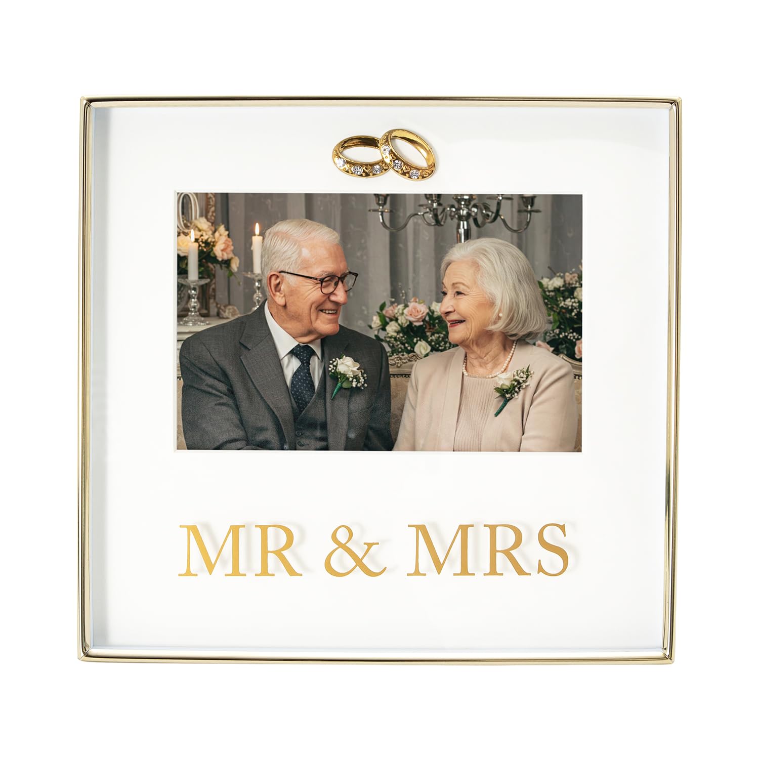 Happy Homewares Modern Shiny Gold Mr and Mrs Square Picture Frame with Double Diamante Rings | Holds 4x6 Photograph | For Wall or Table Mounting