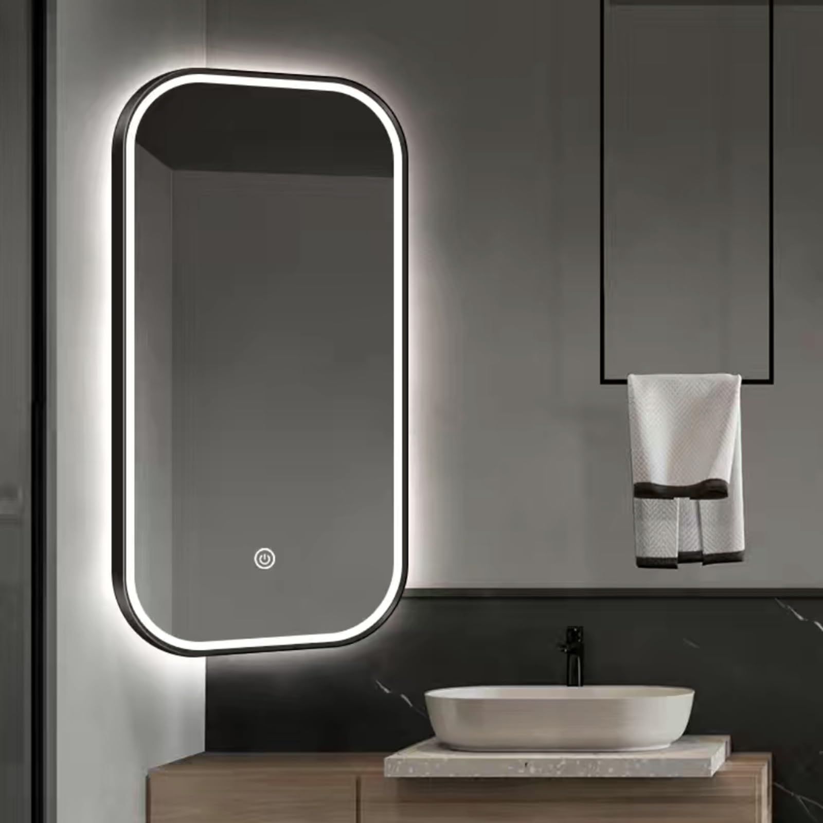 Miroir d'angle LED pivotant 360° en métal noir et télescopique 40 cm pour salle de bain