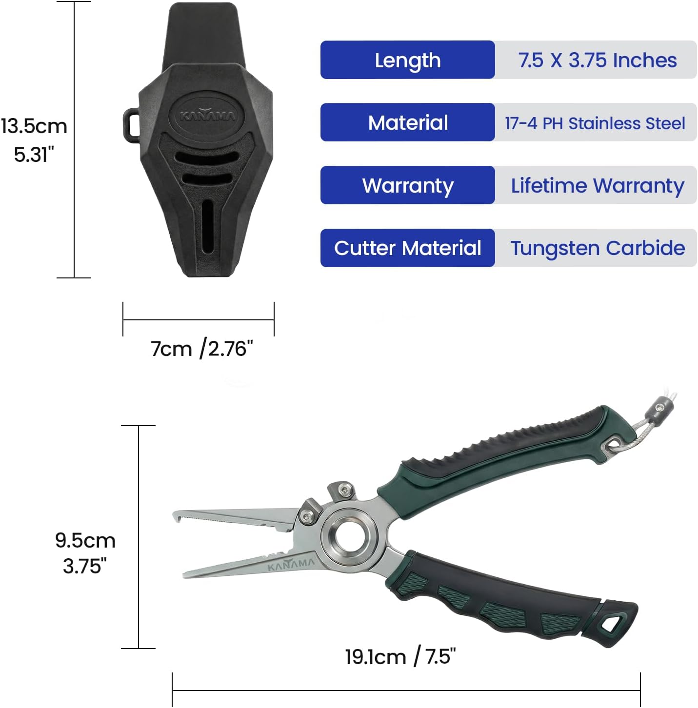 KANAMA 17-4 Stainless Steel Fishing Pliers, 7.5 Inch Rust Saltwater Fishing Pliers with Split Ring, Fish Hook Remover with Tungsten Carbide Braid Cutters, Non-Slip Handles Fishing Gifts for Men