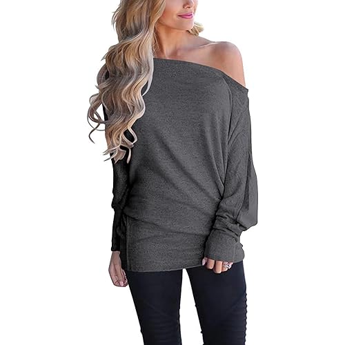Poetsky Women's Long Sleeve Off Shoulder Tunic Tops Loose Casual Oversized Shirts Blouse