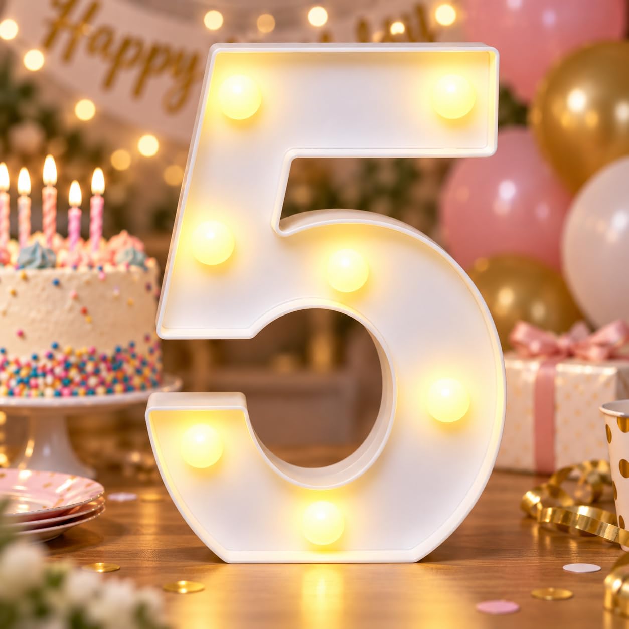 Light Up Number 5 for Birthday Decorations, Warm White LED Number Light