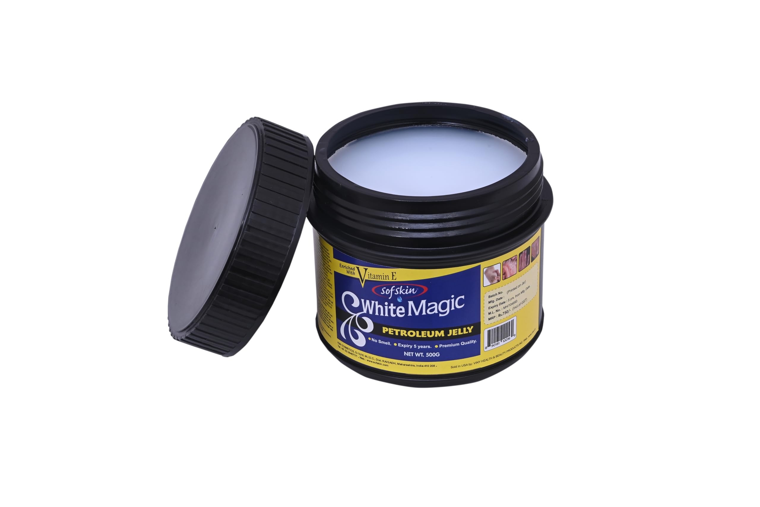 "Sofskin WHITE MAGIC" (Yellow Label) unscented Petroleum Jelly with VIT E - 500g. Vit E acts like a Shield on Face from harmful UV rays. Moisturises Psoriasis, Dry Skin, Cracked Heels, Chapped Lips, Diaper Rash. Black colour of jar, unlike white colour, blocks UV rays & ensures stain free appearance of the jar even on multiple handling. Also available with Blue Label.-image-17