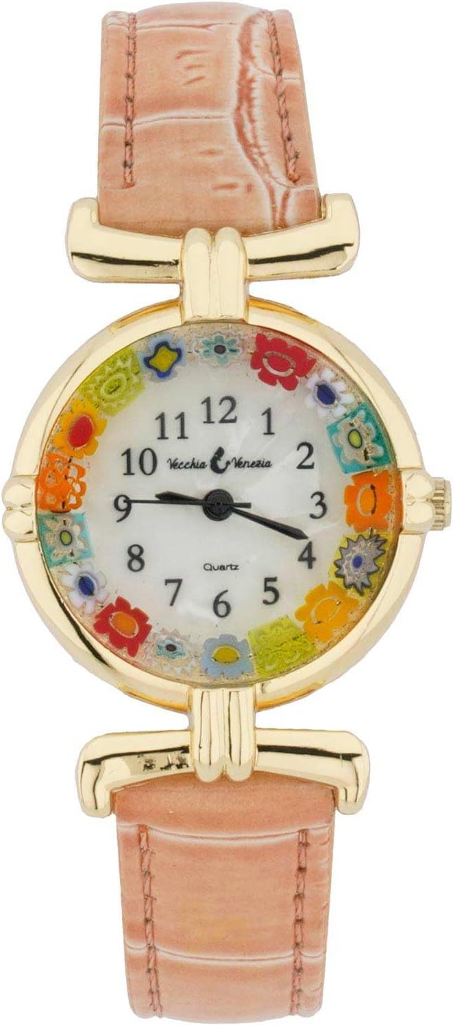 Glass Of Venice Murano Glass Millefiori Watch Round Multicolor Gold-Tone - 1" Face with Peach Pink Band for Women - Handmade in Italy