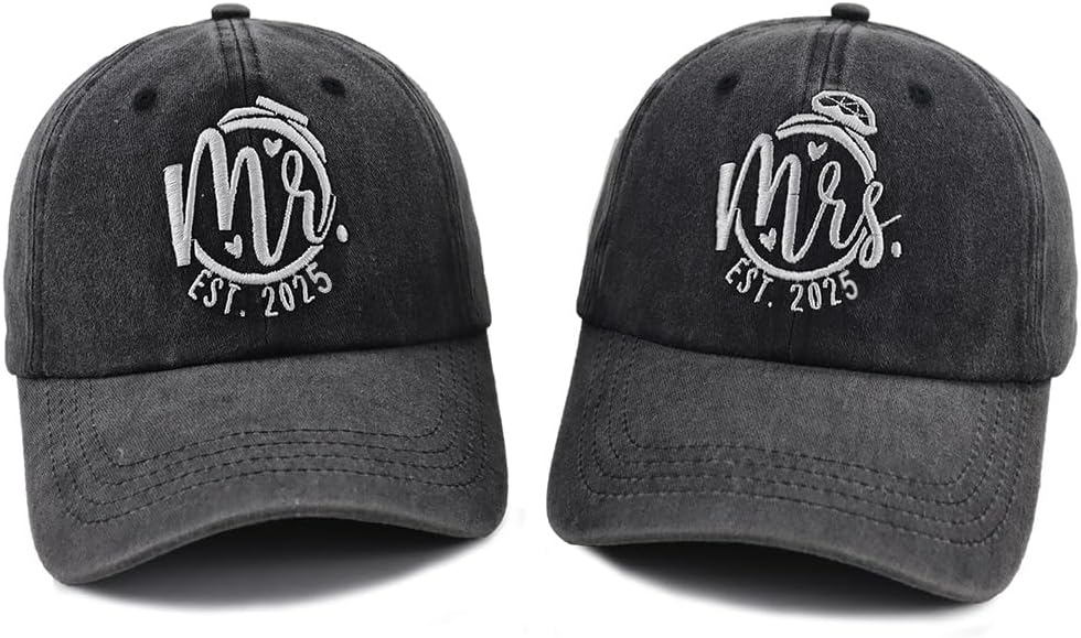2PCS Matching Mr and Mrs EST 2025 Hats for Couple Gifts, Adjustable Cotton Vintage Embroidered Baseball Caps