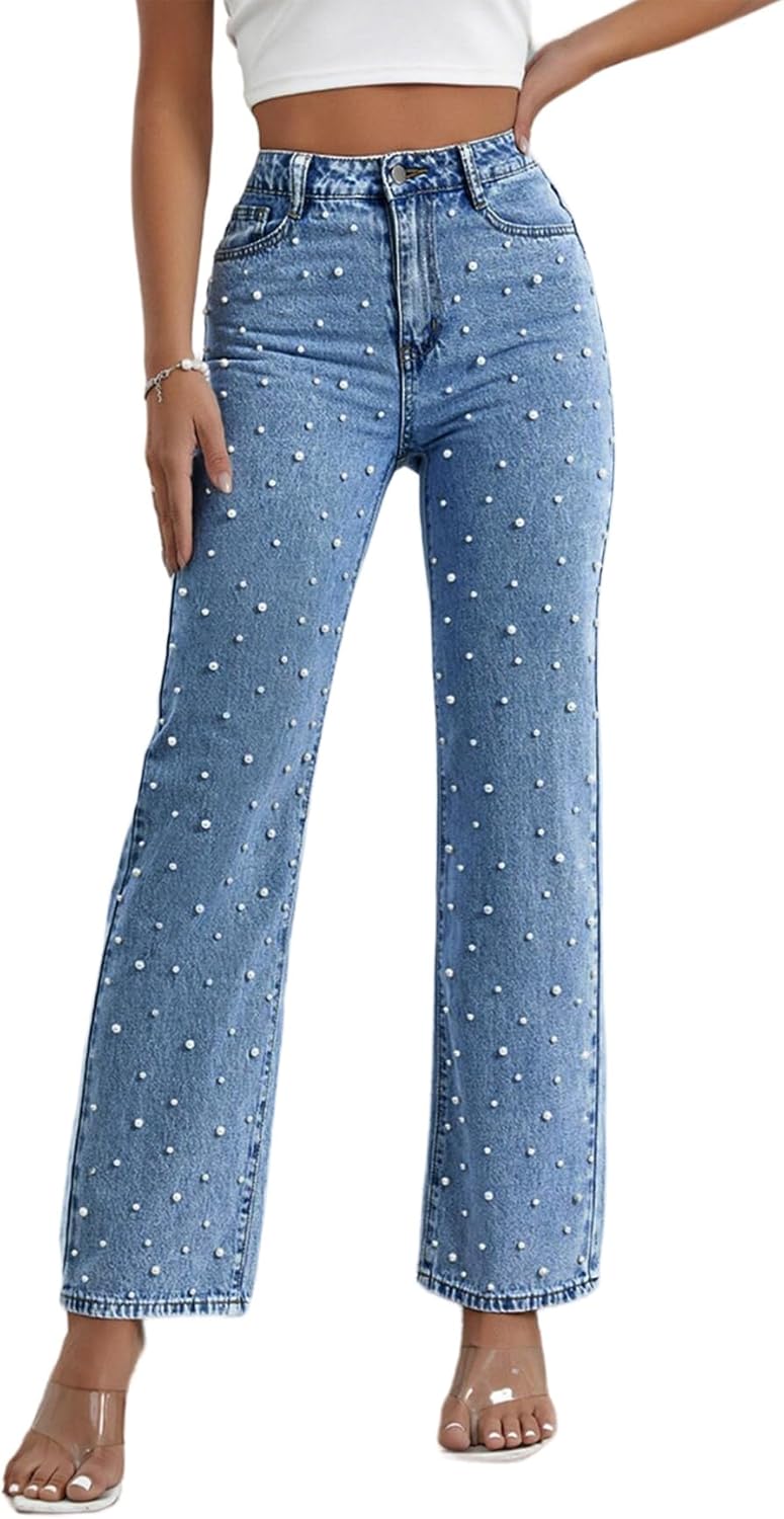 Women’s High Waisted Pearl Jeans Stretch Straight Leg Denim Pants Trendy Y2K Beaded Casual Jeans