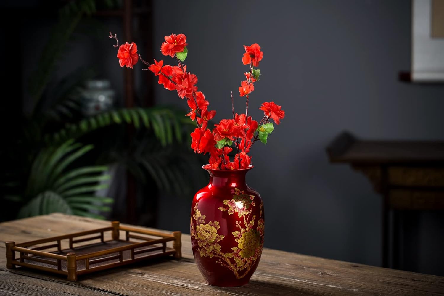 Red Vase Oriental Ceramic Flower Vases Decorated with Peony Design for Home Living Room Ornaments and Wedding Tall 9'' - Image 5