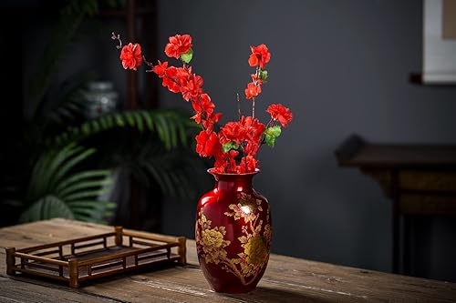 Miniatura 5 de Florero rojo oriental de cerámica decorado con diseño de peonía para el hogar, decoración de sala de estar y boda, alto 9 pulgadas