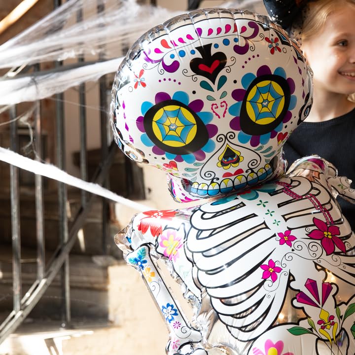 Image of AMFIN (Pack of 1) The Dead Skeleton Foil Balloon - 62 Inch Giant Halloween & Dia de los Muertos Decoration | Sugar Skull Balloon with Colorful Prints -Multicolour