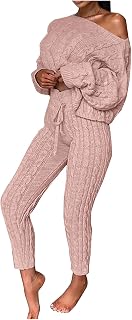 Off Shoulder Sweater Sets for Women Two Piece Outfits Cable Knit Pullover Tops and Bodycon Pants Lounge Matching Set