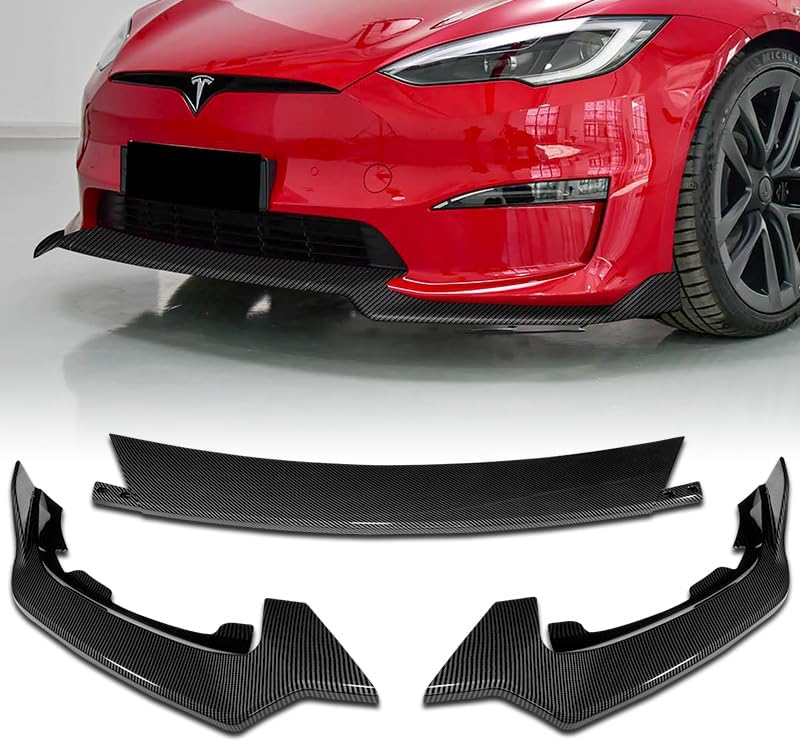 EPARTS ABS Plastic 3PCS STP-Style Front Bumper Lip Splitter Body Kit Trim Protection Compatible With 2021-2025 Tesla Model S (Painted Carbon Style)