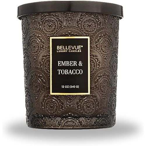 Ember & Tobacco Luxury Scented Candle – 12 oz | Soy Blend Wax | Dual Wick | Warm Smoky Home Fragrance | Embossed Glass Jar with Metal Lid