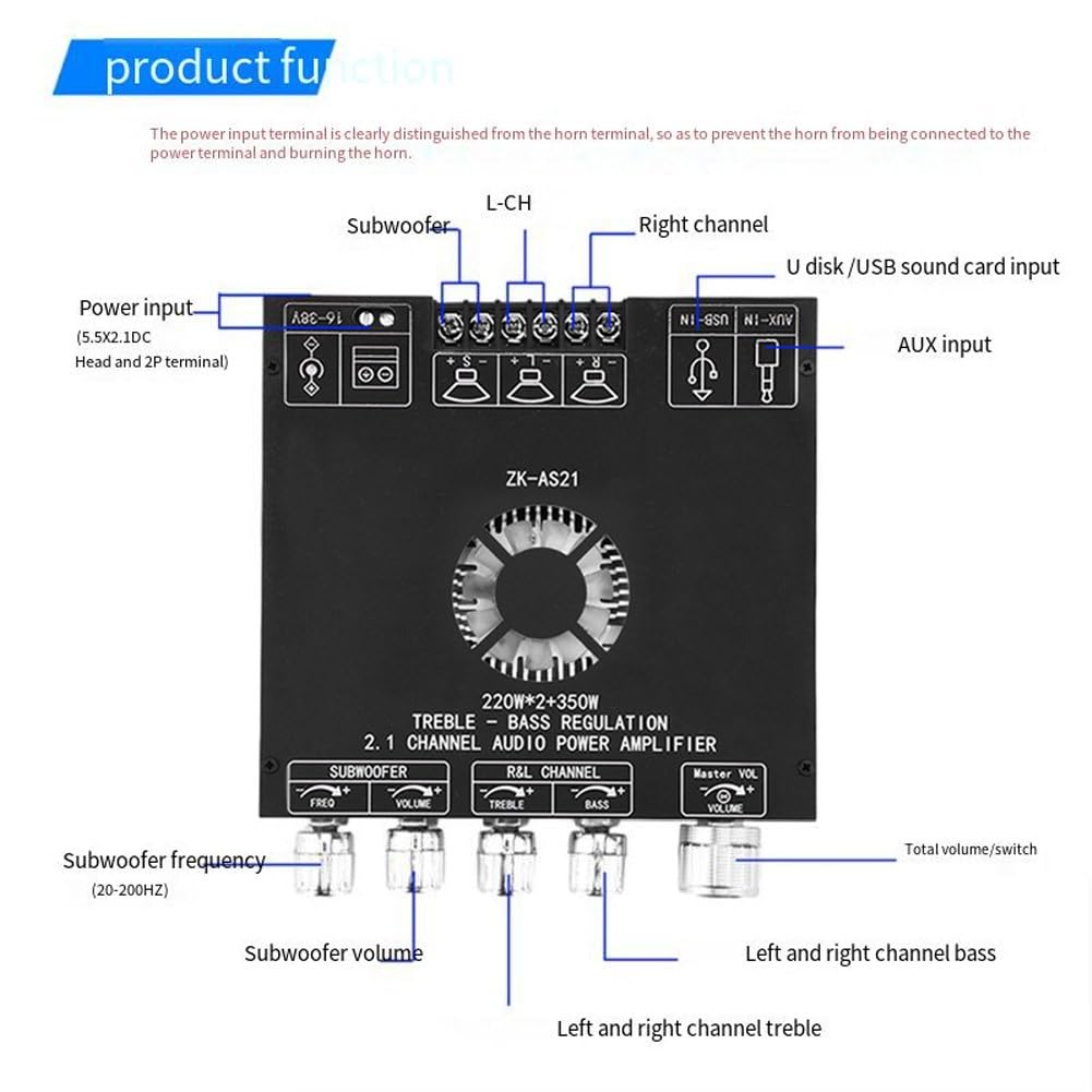 ZK-AS21 Module amplificateur audio Bluetooth 2.1 canaux avec puce TPA3255, entrées AUX USB, gain 30 dB, alimentation DC 16-38 V, noir
