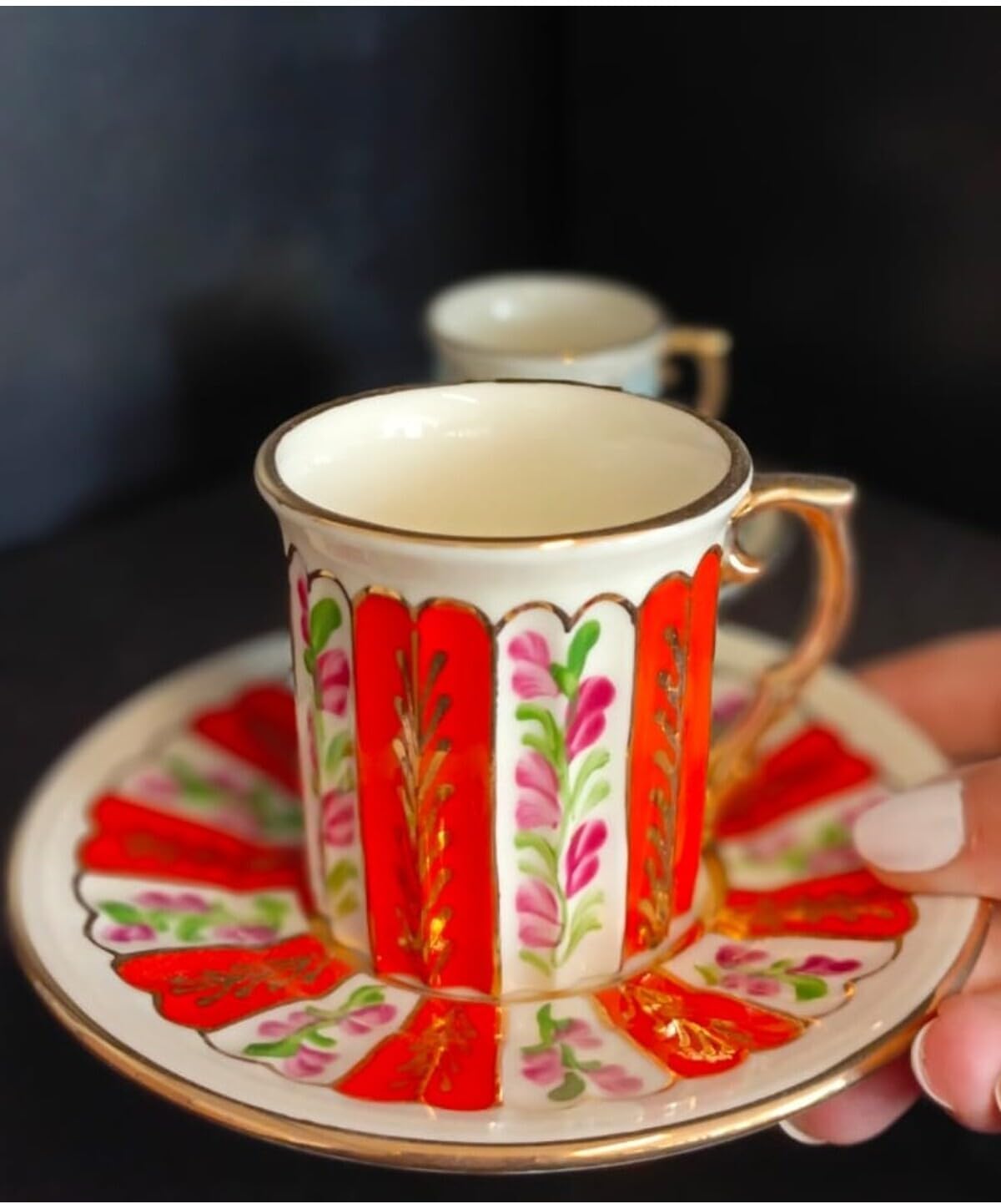 SODEF Coffee Cup Set Porcelain Hand Decorated 2-Piece 85ml Modern Design for Home, Office, Parties - Multicolor Accents - Multicolor, One Size