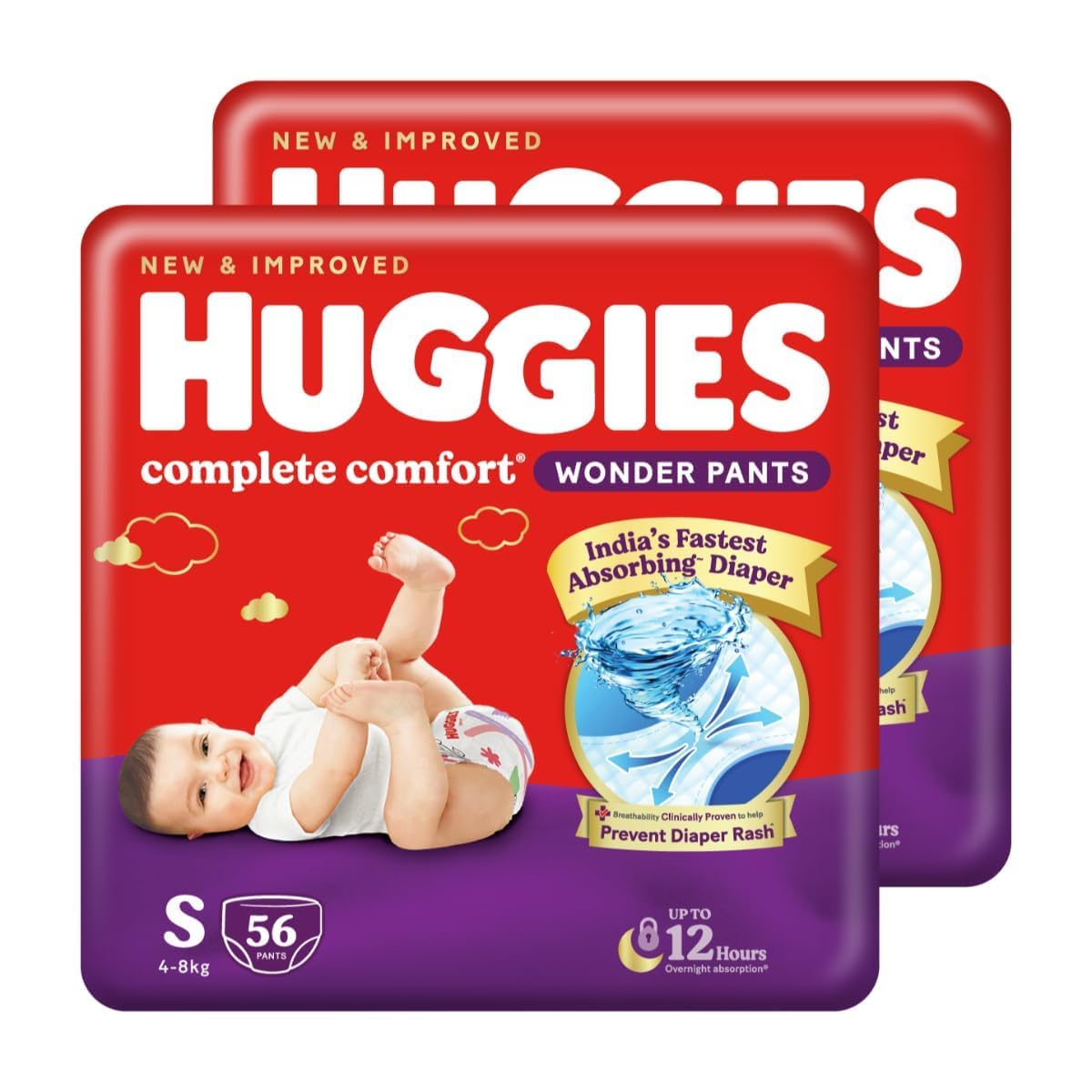 Huggies Complete Comfort Wonder Pants | Pant Style Baby Diapers Small Size (S), 112 Count | India's Fastest Absorbing Diaper, Prevents Diaper Rash, Ideal for 4 to 8 Kgs (56 Count, Pack of 2)