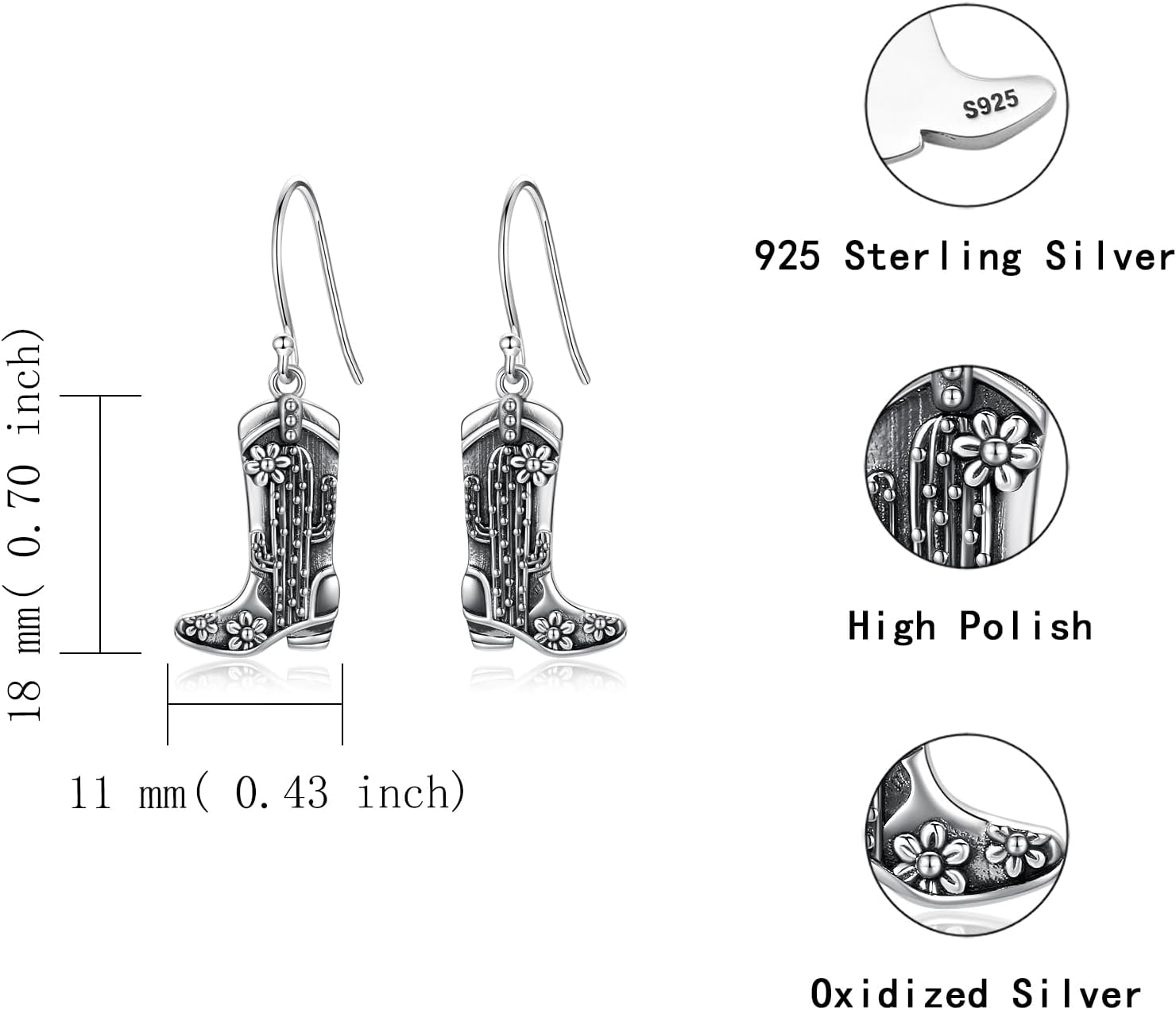 Cowboy Boot Dangle Earrings 925 Sterling Silver for Women-Vintage Western Country Style Jewelry Gifts for Cowgirl - Image 7