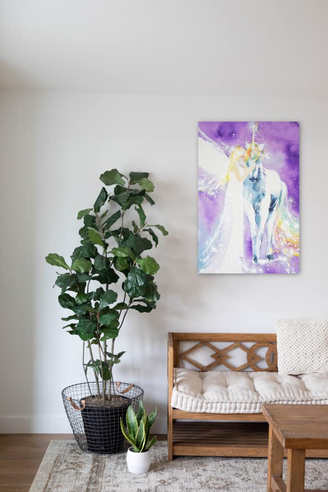 Image murale ange avec licorne : « Magie unie » en violet et blanc avec ange magique, images mystiques, décoration murale (40 x 60 cm)