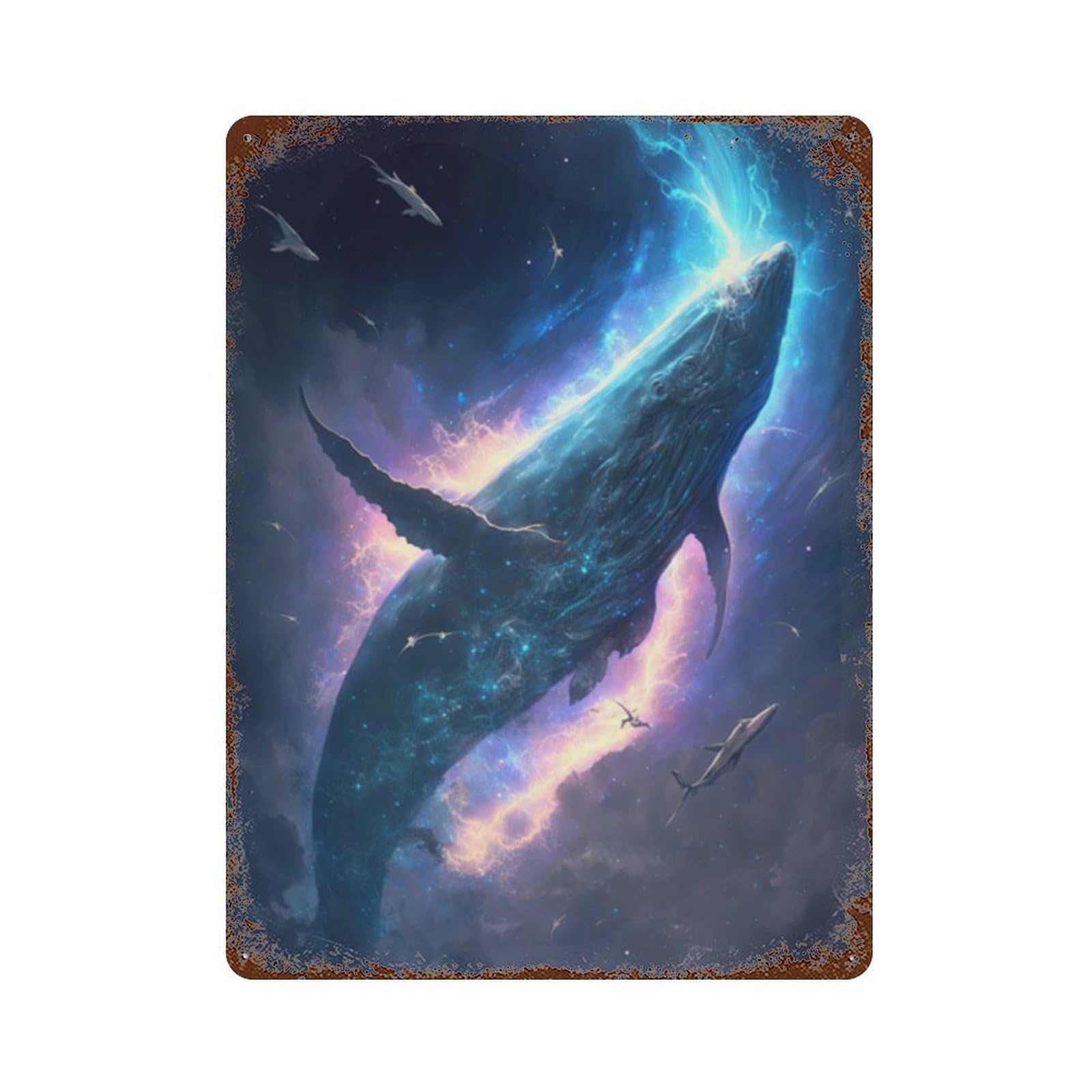 Whale in Space Art Print-1 15.7"x11.8" Distressed Metal Wall Sign, Shabby Chic Decor for Shed, Workshop And Garage Wall Decor