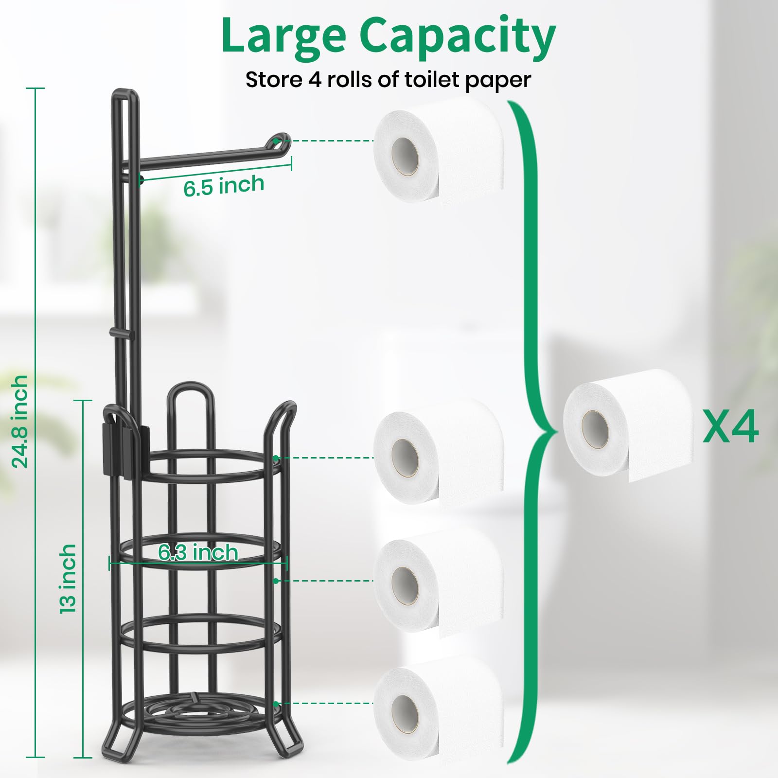 Soporte de pie para papel higiénico, dispensador para 3 rollos adicionales de papel higiénico, de alambre de metal, estante de almacenamiento para rollos de papel higiénico, accesorios organizadores para baño, negro 3
