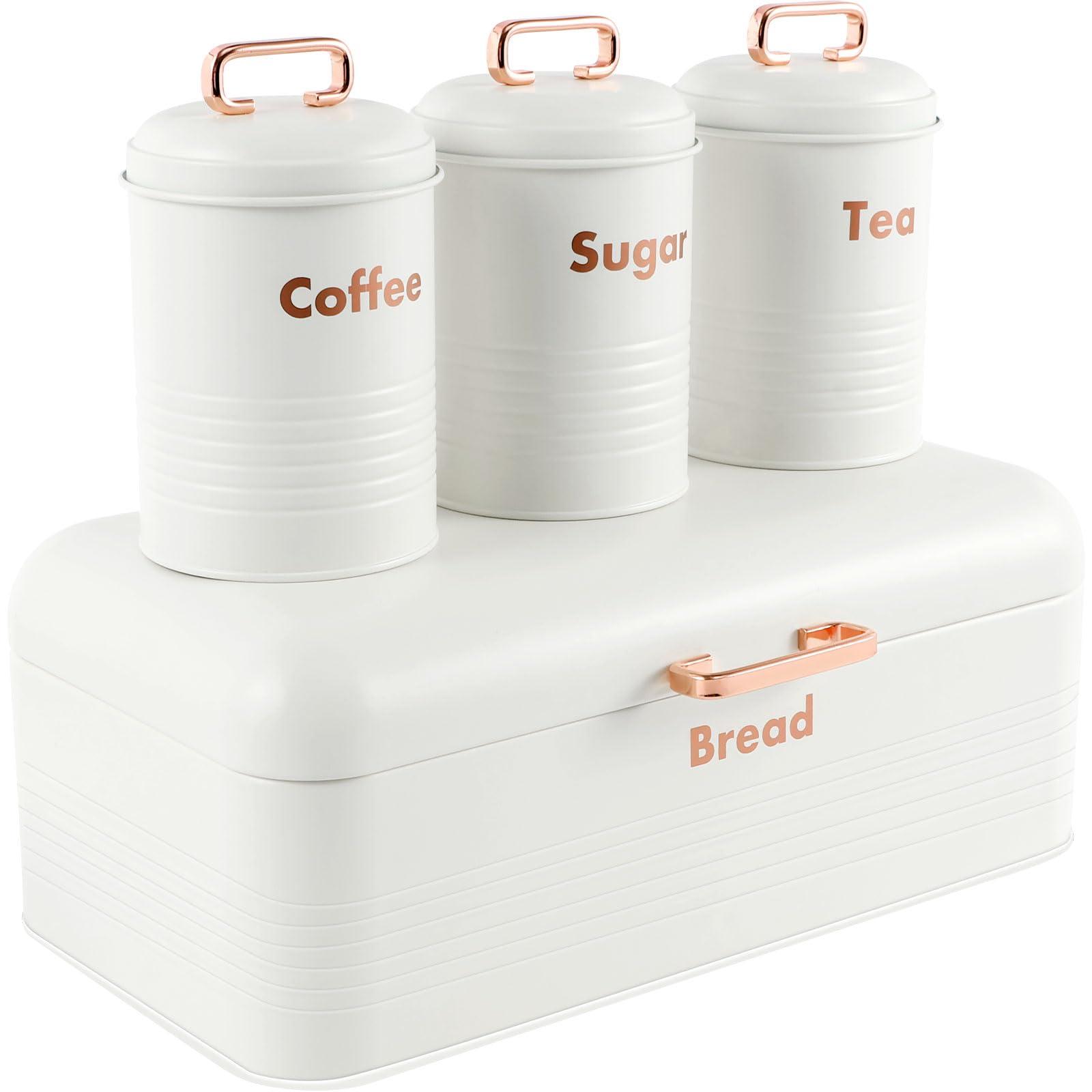 Qinglang White 4Pcs Bread Bin Set Tea Coffee And Sugar Canisters Set Kitchen Food Storage Kit Includes Bread Bin, Tea, Coffee & Sugar Caddy Tins Containers Canister Storage Jars Pots Kit For Home Kitchen Countertop