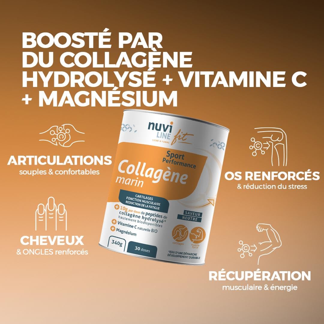 NUVILINE Fit - Collagène Marin Sport - Collagène Hydrolysé En Poudre - Vitamine C BIO + Magnésium - Muscles & Fatigue - Pre/Post Workout - Qualité Premium - Fabriqué En France - 340g (30 doses)