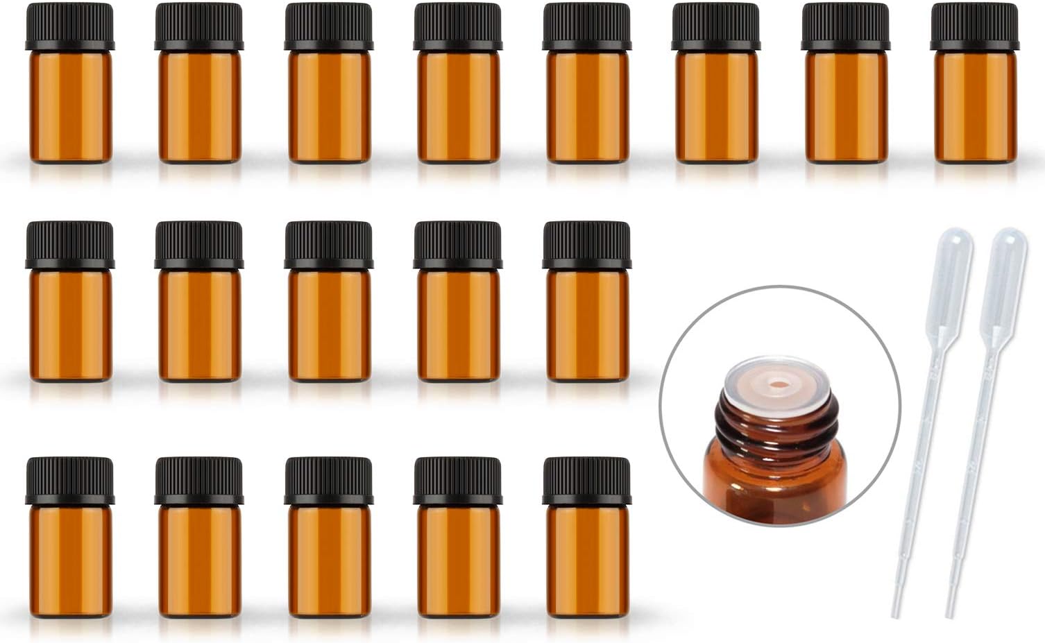 50Pack Set 2ML Amber Glass Bottle with Orifice Reducer and Cap Small Essential Oil Vials (2ML)