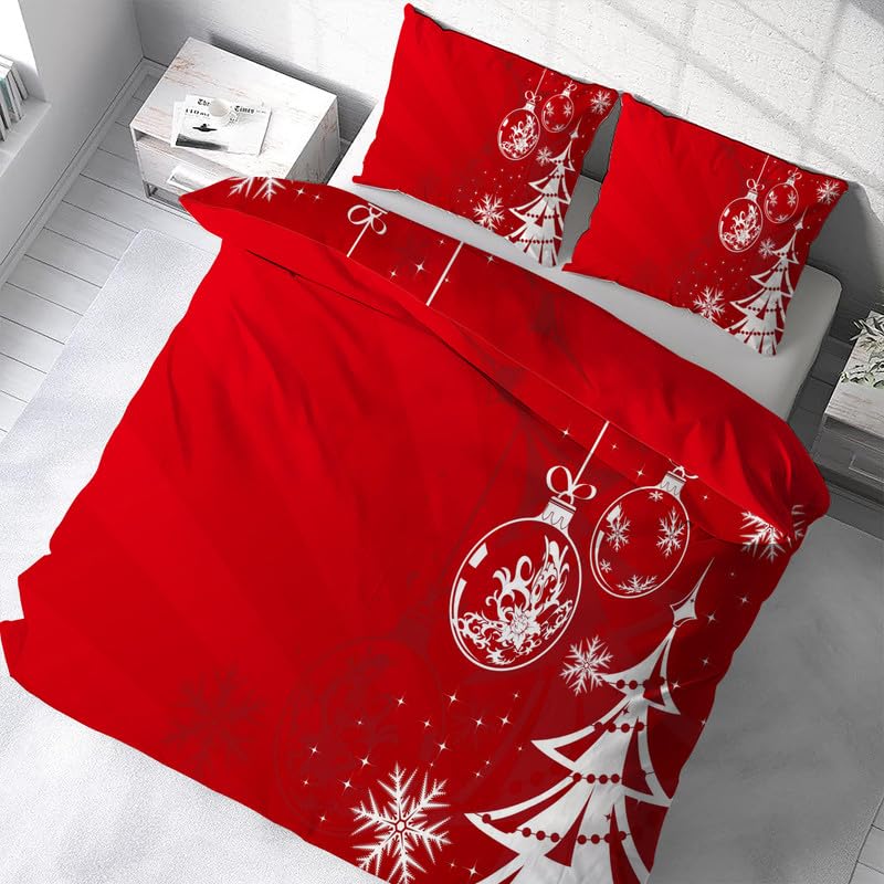 Housse De Couette Noël 3 Pièces 240x260 Cm - Microfibre Douce, Imprimé Réversible Neige/plante | Avec 2 Taies 65x65 Cm