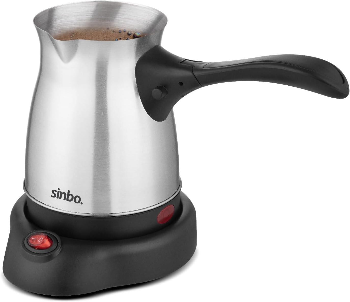 Sinbo SCM-2992 Electric Turkish Coffee Pot with coffee inside, ready for brewing.