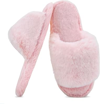 ZOORON Womens Fuzzy Slippers with Memory Foam Comfy Faux Fur Anti-Skid Sole Slippers for Women Bedroom House Open Toe