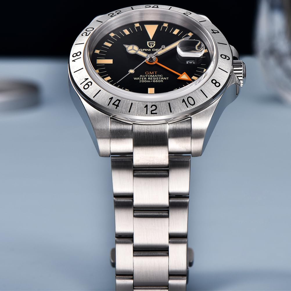 Close-up of PAGRNE DESIGN 1693A watch face showing hands, date window, and GMT hand