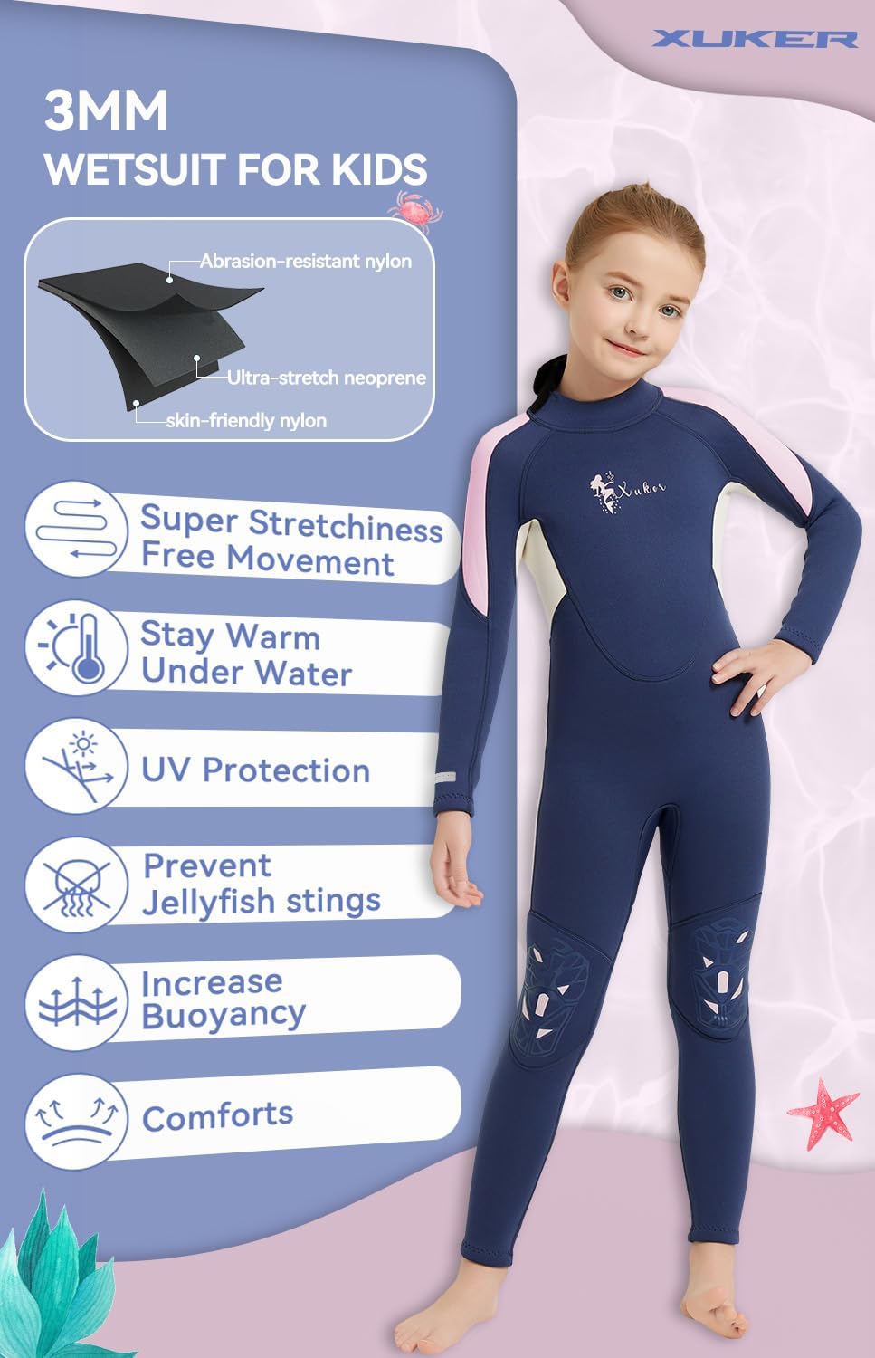 XUKER Kids Wetsuit for Boys Girls Toddlers 3mm Thermal Full Length Back Zip Wetsuit