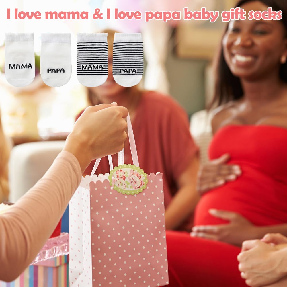EQLEF Skarpety niemowlęce, prezent, 4 pary MaMa & PaPa Bawełniane skarpety dla noworodków, cienkie skarpety dla dzieci w wieku 0-3 miesięcy, dla dziewczynek, chłopców, do domu, słodkie skarpetki