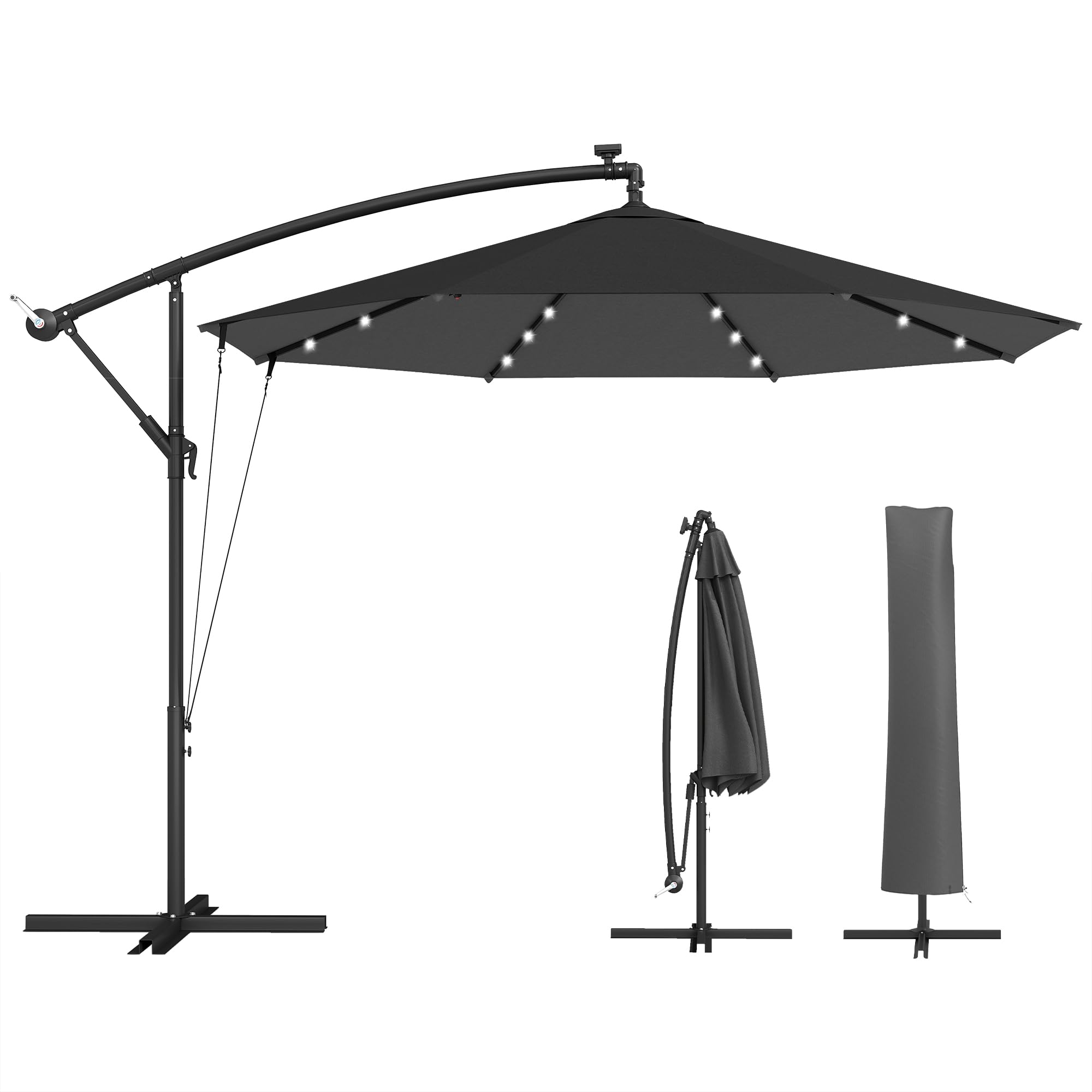 Outsunny Cantilever Parasol 3m Black Solar LED Lights