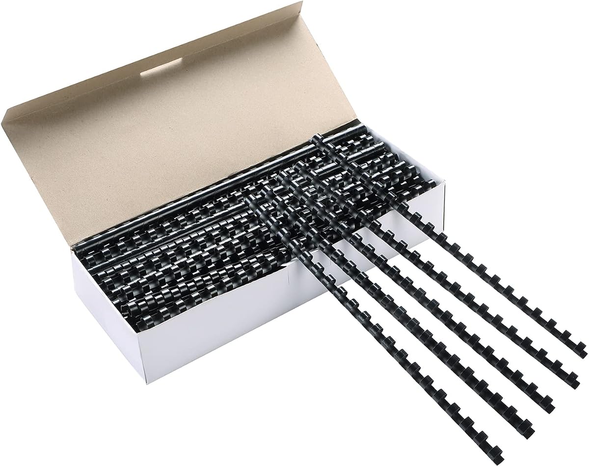 Paquete de 100 lomos de encuadernación de plástico de 21 anillas de 1/4" de diámetro, 20 hojas | Peines de encuadernación con peine negro para oficina y escuela, ideal para informes, presentaciones y documentos con páginas A4